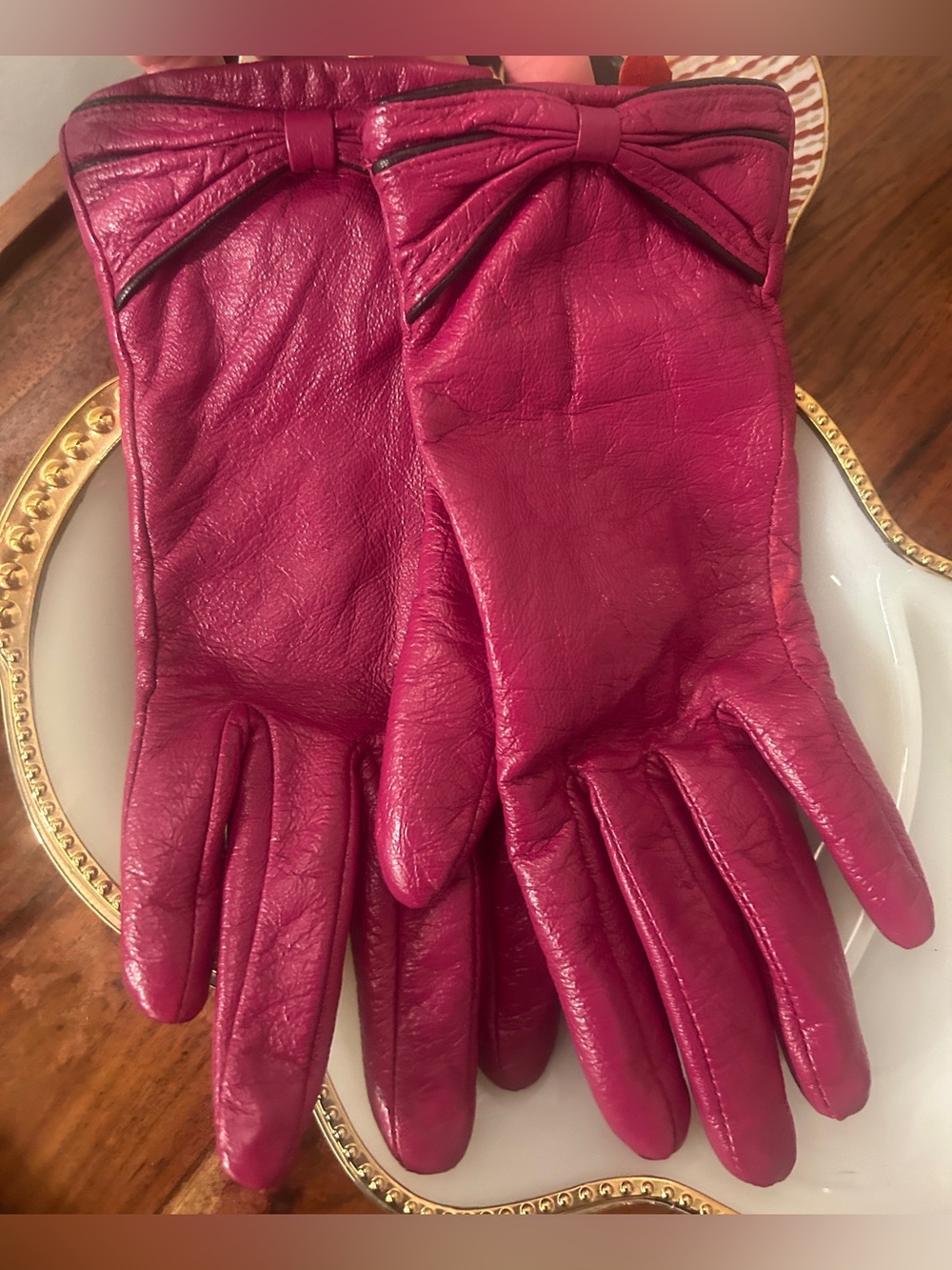 Cranberry 100% Leather Gloves with Bow Details • Vintage Northern Reflections